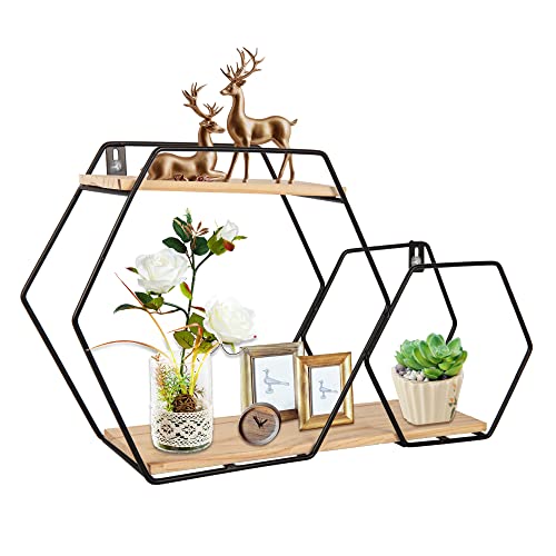 ShiningLove Wall Mount Hexagonal Floating Shelves, Metal Framed Gold Shelves with Wooden Floor, Simple Wood Partition Storage Shelves for Bedroom, Living Room, Kitchen and Office Black