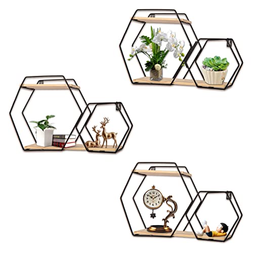 ShiningLove Wall Mount Hexagonal Floating Shelves, Metal Framed Gold Shelves with Wooden Floor, Simple Wood Partition Storage Shelves for Bedroom, Living Room, Kitchen and Office Black