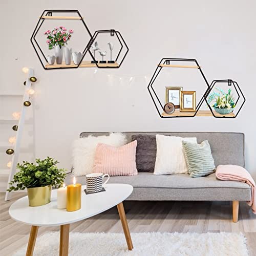 ShiningLove Wall Mount Hexagonal Floating Shelves, Metal Framed Gold Shelves with Wooden Floor, Simple Wood Partition Storage Shelves for Bedroom, Living Room, Kitchen and Office Black