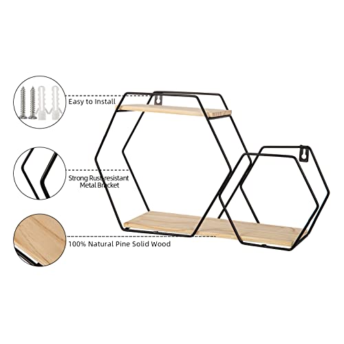 ShiningLove Wall Mount Hexagonal Floating Shelves, Metal Framed Gold Shelves with Wooden Floor, Simple Wood Partition Storage Shelves for Bedroom, Living Room, Kitchen and Office Black