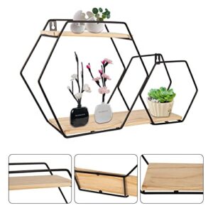 ShiningLove Wall Mount Hexagonal Floating Shelves, Metal Framed Gold Shelves with Wooden Floor, Simple Wood Partition Storage Shelves for Bedroom, Living Room, Kitchen and Office Black