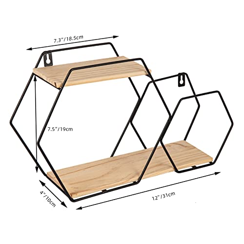 ShiningLove Wall Mount Hexagonal Floating Shelves, Metal Framed Gold Shelves with Wooden Floor, Simple Wood Partition Storage Shelves for Bedroom, Living Room, Kitchen and Office Black