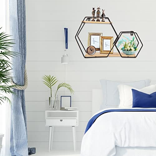 ShiningLove Wall Mount Hexagonal Floating Shelves, Metal Framed Gold Shelves with Wooden Floor, Simple Wood Partition Storage Shelves for Bedroom, Living Room, Kitchen and Office Black