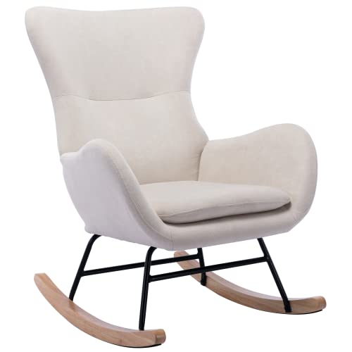 chairus Modern Rocking Chair Wingback Living Room Accent Chair Linen Rocker Armchair for Adults Comfy Upholstered Single Sofa Chair for Bedroom Playroom Nursery, Cream