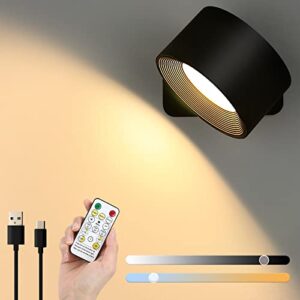 lightess led wall sconces, wall mounted lamps with remote control rechargeable, 360 ° rotation stepless dimming reading light 3 color temp, touch remote control, cordless wall light for study bedside