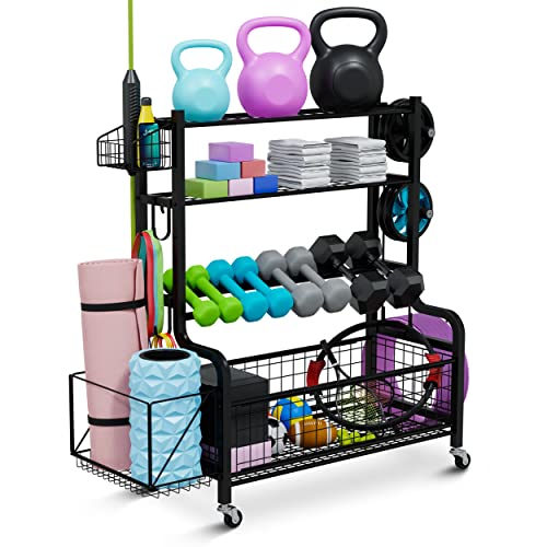 Aestoria Home Gym Storage Rack - Weight Rack for Home Gym with Easily Removable Side Accessories - Versatile Gym Organization for Home Gym with Larges 2.5 Inches Wheels