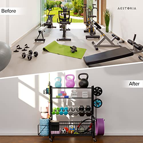 Aestoria Home Gym Storage Rack - Weight Rack for Home Gym with Easily Removable Side Accessories - Versatile Gym Organization for Home Gym with Larges 2.5 Inches Wheels