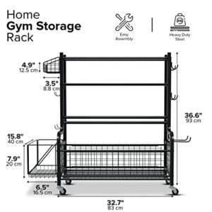 Aestoria Home Gym Storage Rack - Weight Rack for Home Gym with Easily Removable Side Accessories - Versatile Gym Organization for Home Gym with Larges 2.5 Inches Wheels