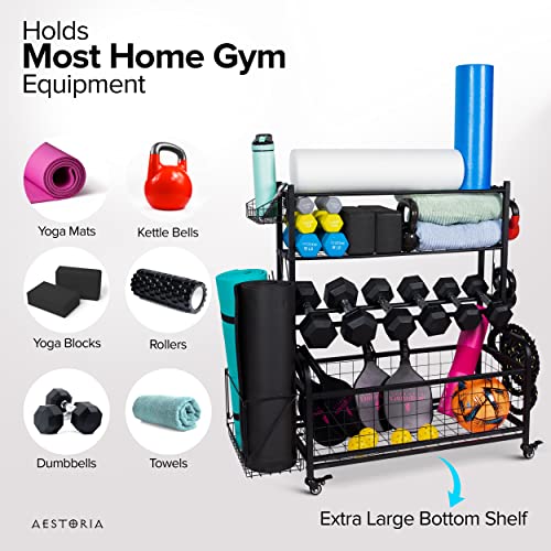 Aestoria Home Gym Storage Rack - Weight Rack for Home Gym with Easily Removable Side Accessories - Versatile Gym Organization for Home Gym with Larges 2.5 Inches Wheels