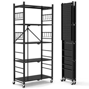 Himix Storage Shelves with 20 Hooks, 5-Tier Collapsible Organization Storage Rack Bookshelf Folding Pantry Shelves Cube Shelf Wire Shelving Holds 440 Ibs for Garage Kitchen Room