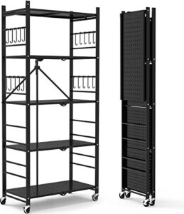 himix storage shelves with 20 hooks, 5-tier collapsible organization storage rack bookshelf folding pantry shelves cube shelf wire shelving holds 440 ibs for garage kitchen room