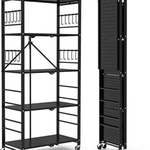 Himix Storage Shelves with 20 Hooks, 5-Tier Collapsible Organization Storage Rack Bookshelf Folding Pantry Shelves Cube Shelf Wire Shelving Holds 440 Ibs for Garage Kitchen Room