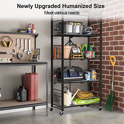 Himix Storage Shelves with 20 Hooks, 5-Tier Collapsible Organization Storage Rack Bookshelf Folding Pantry Shelves Cube Shelf Wire Shelving Holds 440 Ibs for Garage Kitchen Room