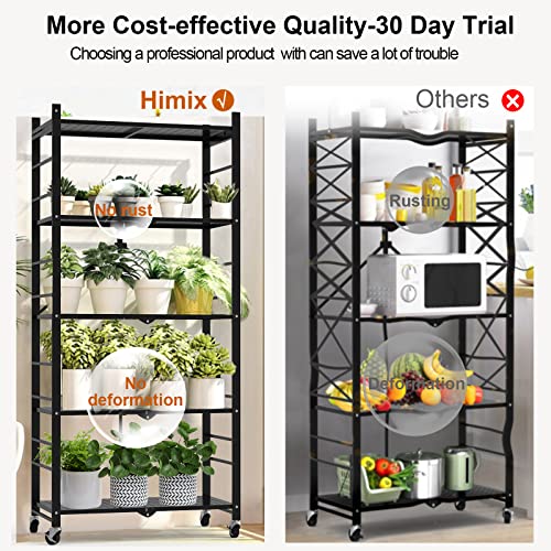 Himix Storage Shelves with 20 Hooks, 5-Tier Collapsible Organization Storage Rack Bookshelf Folding Pantry Shelves Cube Shelf Wire Shelving Holds 440 Ibs for Garage Kitchen Room