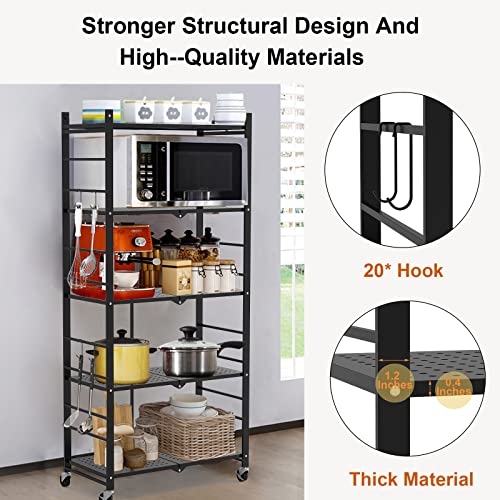 Himix Storage Shelves with 20 Hooks, 5-Tier Collapsible Organization Storage Rack Bookshelf Folding Pantry Shelves Cube Shelf Wire Shelving Holds 440 Ibs for Garage Kitchen Room