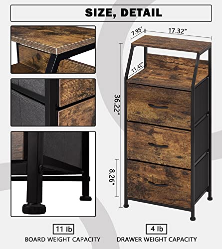 USJRAO Wood Veneer Fabric Dresser with 3 Drawers and Shelves Chests of Drawers Organizers Uint Storage Tower Side Table for Closet Bedroom Living Room Kitchen Entryway Steel & Rustic Brown