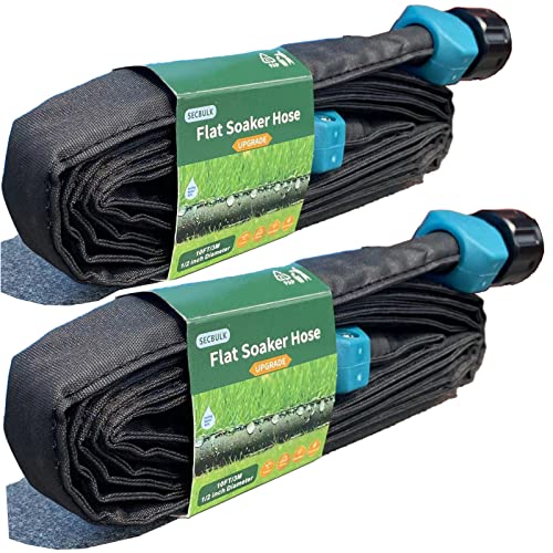 Secbulk Flat Soaker Hose for Garden Beds 20 50 100 150 ft, 10" 2Pack Linkable Drip Irrigation Hose Save 80% Water, Leakproof Double Layer Collapsible Fabric Flexible Trickle Hose with Holes