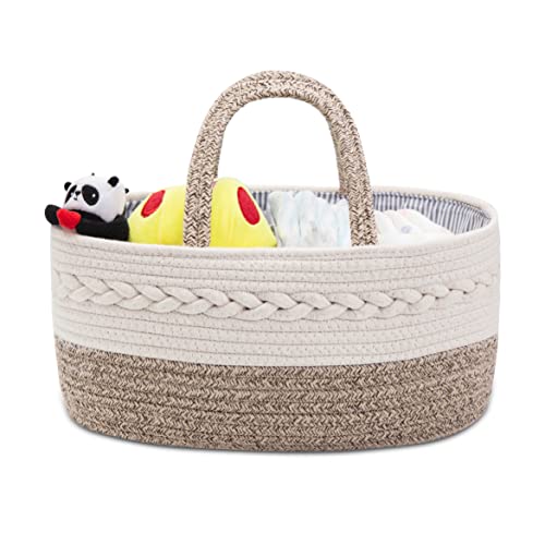 YEONHWA Baby Diaper Caddy Organizer, Woven Rope Cotton Nursery Storage Basket, Portable Handle With Large Changing Compartment Bins, Cream Beige