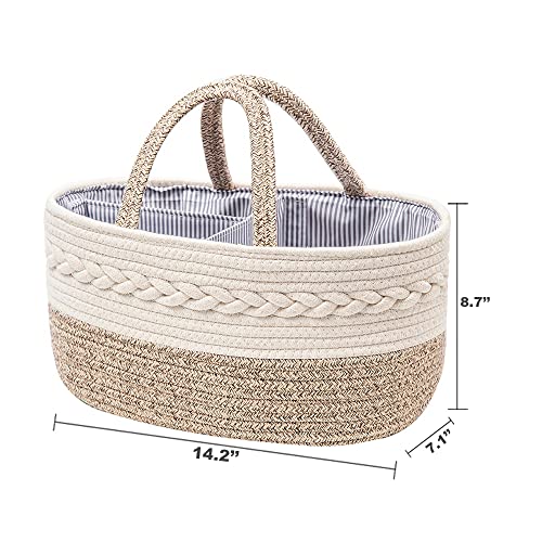 YEONHWA Baby Diaper Caddy Organizer, Woven Rope Cotton Nursery Storage Basket, Portable Handle With Large Changing Compartment Bins, Cream Beige