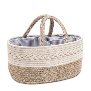 YEONHWA Baby Diaper Caddy Organizer, Woven Rope Cotton Nursery Storage Basket, Portable Handle With Large Changing Compartment Bins, Cream Beige