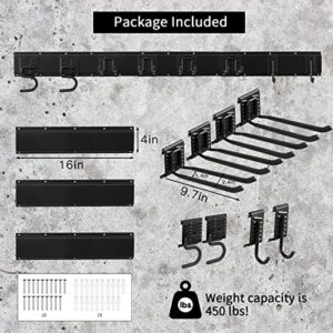 Garage Tool Organizer Wall Mount, 11 PCS Garden Tool Rack Garage Storage, 8 Heavy Duty Adjustable Hooks Steel and 3 Rails Aluminum, 450 LBS Max Load