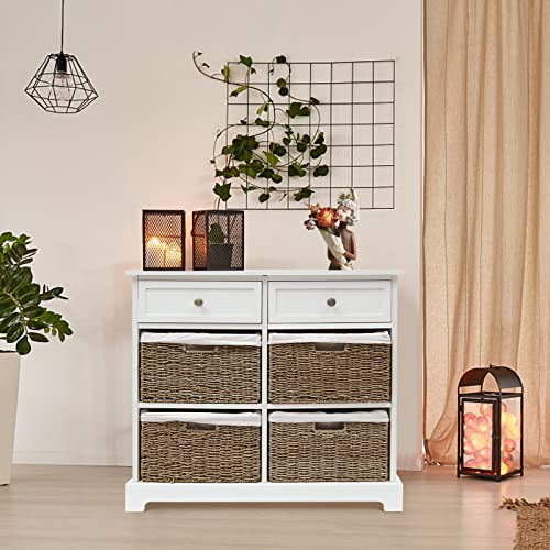 White Storage Cabinet with Baskets, Wicker Storage Cabinet with 2 Drawers and 4 Wicker Baskets, Farmhouse Wicker Basket Storage Tower for Kitchen Entryway, Wicker Dresser, Accent Table (White)