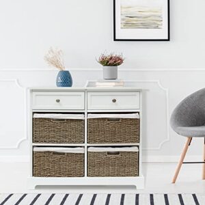 White Storage Cabinet with Baskets, Wicker Storage Cabinet with 2 Drawers and 4 Wicker Baskets, Farmhouse Wicker Basket Storage Tower for Kitchen Entryway, Wicker Dresser, Accent Table (White)