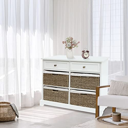 White Storage Cabinet with Baskets, Wicker Storage Cabinet with 2 Drawers and 4 Wicker Baskets, Farmhouse Wicker Basket Storage Tower for Kitchen Entryway, Wicker Dresser, Accent Table (White)