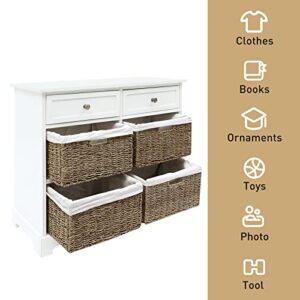 White Storage Cabinet with Baskets, Wicker Storage Cabinet with 2 Drawers and 4 Wicker Baskets, Farmhouse Wicker Basket Storage Tower for Kitchen Entryway, Wicker Dresser, Accent Table (White)