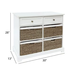 White Storage Cabinet with Baskets, Wicker Storage Cabinet with 2 Drawers and 4 Wicker Baskets, Farmhouse Wicker Basket Storage Tower for Kitchen Entryway, Wicker Dresser, Accent Table (White)