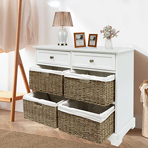 White Storage Cabinet with Baskets, Wicker Storage Cabinet with 2 Drawers and 4 Wicker Baskets, Farmhouse Wicker Basket Storage Tower for Kitchen Entryway, Wicker Dresser, Accent Table (White)