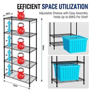 WORKPRO Storage Shelves, 5 Tier Metal Shelving Unit, Garage Wire Rack, Standing Adjustable Shelves with Hooks for Pantry Closet Kitchen Basement, 30" W x 14" D x 60" H, Capacity 750 LBS(Total)