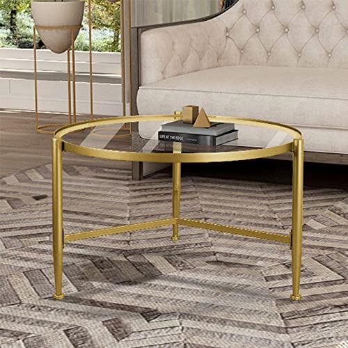 FINECASA Clear Coffee Table Round, 30 '' Modern Center Glass Table with Gold Metal Frame, Round Glass Top Coffee Table for Living Room, Glass Coffee Table with Clear Top (Gold)