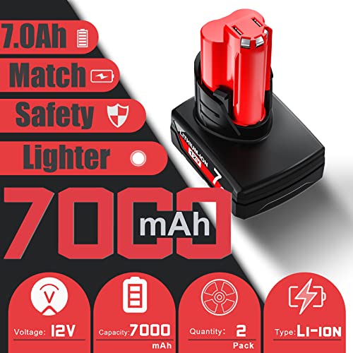 Upgraded 7.0Ah 2Pack M12 Battery for Milwaukee 12V battery for Milwaukee M 12 Lithium-ion Battery 48-11-2460 48-11-2412 48-11-2401 48-11-2440 Battery for 12 Volt High Output M12 XC Tool Battery Pack