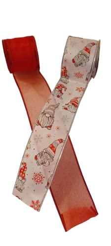 Set of 2 Spools of Wired Edge Festive Holiday Christmas Ribbon with Adorable Gnomes & Beautiful Sparkling Red