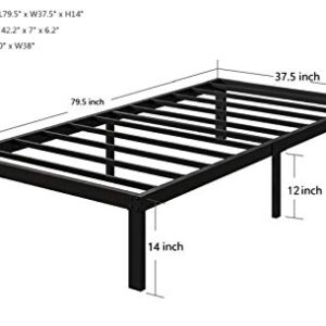 COMASACH XL Twin Bed Frame and 6 Pcs Non Slip Mattress Gaskets, No Box Spring Needed, 14 Inch Black Metal Platform Bed Frames, 2000Lb Heavy Duty Steel Slat Support, Noise Free Mattress Foundation