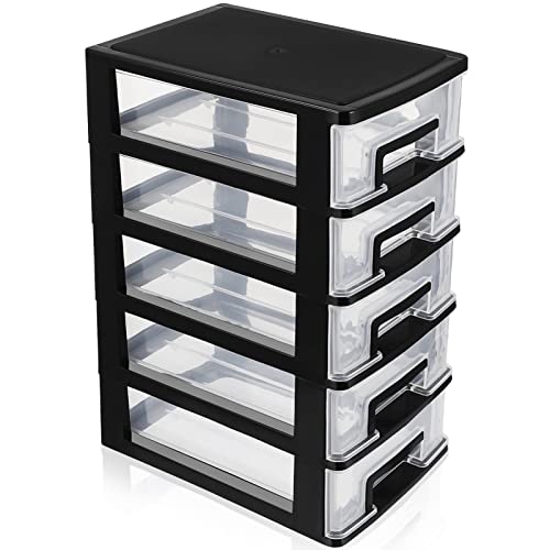 Tofficu Plastic Storage 5 Drawer Storage Tower Multifunctional Storage Cabinet with Clear Drawers Storage Case Organizer for Craft Stationary(Black)