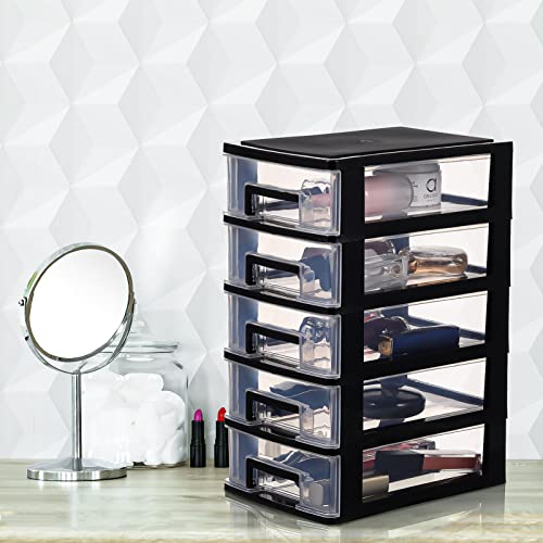 Tofficu Plastic Storage 5 Drawer Storage Tower Multifunctional Storage Cabinet with Clear Drawers Storage Case Organizer for Craft Stationary(Black)