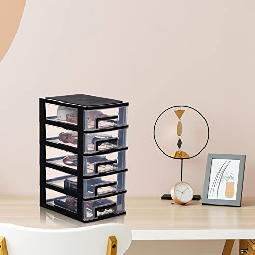 Tofficu Plastic Storage 5 Drawer Storage Tower Multifunctional Storage Cabinet with Clear Drawers Storage Case Organizer for Craft Stationary(Black)