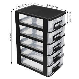 Tofficu Plastic Storage 5 Drawer Storage Tower Multifunctional Storage Cabinet with Clear Drawers Storage Case Organizer for Craft Stationary(Black)