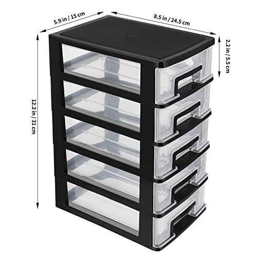 Tofficu Plastic Storage 5 Drawer Storage Tower Multifunctional Storage Cabinet with Clear Drawers Storage Case Organizer for Craft Stationary(Black)