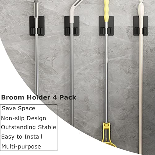 Broom Holder Wall Mount, Mop and Broom Holder Wall Mount, Broom Organizer Self Adhesive No Drilling Super Anti-Slip, Broom and Dustpan Hanger for Home, Kitchen, Garden, Garage Storage Systems 4 PCS