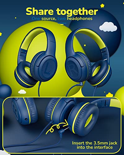 Kids Headphones for School Toddler Wired with Microphone Plug in Bulk Boys Headset Girls 3+ Year Old Blue Green shareport Phones Teen Volume Control Airplane Two People Childrens Babies Over Ear