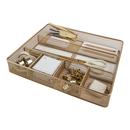 BLU MONACO Desk Drawer Organizer Tray for Office Organization - 6 Compartments - Gold Metal Mesh Large Drawer Organizer for Accessories and Office Supplies