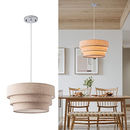 Yifi Deco Modern Pendant Ligh,13.4" Drum Hanging Lamp Fixture with 3-Tier Linen Fabrics Lampshade, Elegant Pendant Lighting for Dining Room, Bedroom, Kitchen Island, Entryway, Hallway