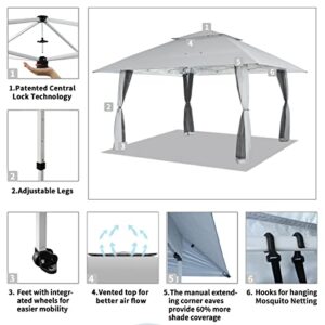 CROWN SHADES 13X13 Outdoor Pop Up Gazebo Base 10X10 Patio Gazebos Patented Center Lock Quick Setup Newly Designed Storage Bag Instant Canopy Tent with Mosquito Nettings(13x13, Grey)