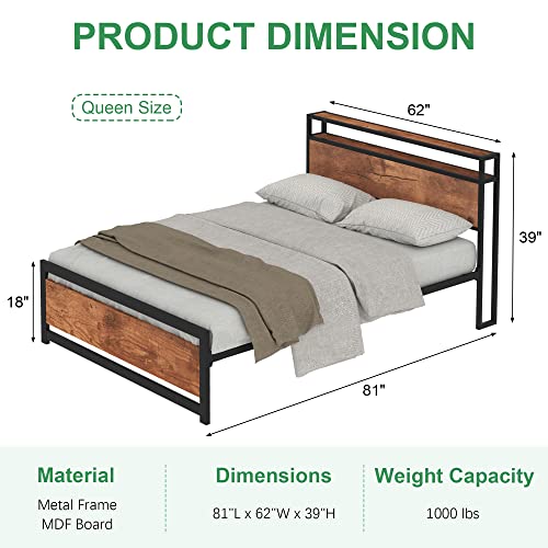 Queen Bed Frame, Osfvolr Industrial Metal Platform Bed Frame with 2 Tier Storage Wooden Headboard and Footboard, Large Under Bed Storage, Noise Free, No Box Spring Needed, Easy Assembly, Vintage Brown