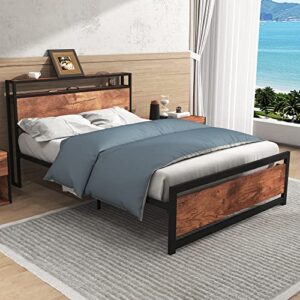 Queen Bed Frame, Osfvolr Industrial Metal Platform Bed Frame with 2 Tier Storage Wooden Headboard and Footboard, Large Under Bed Storage, Noise Free, No Box Spring Needed, Easy Assembly, Vintage Brown