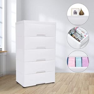 WOQLIBE Plastic Dressers,Storage Dresser with 5 Drawers,File Vertical Cabinet with Wheel Casters for Playroom Bedroom Hallway Entryway Furniture,17.72''D x 11.81''W x 33.07''H(White)