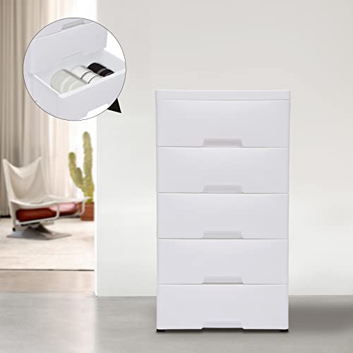 WOQLIBE Plastic Dressers,Storage Dresser with 5 Drawers,File Vertical Cabinet with Wheel Casters for Playroom Bedroom Hallway Entryway Furniture,17.72''D x 11.81''W x 33.07''H(White)